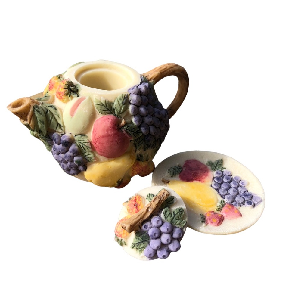 Minature Teapot 3 Piece Set Lid Plate Fruit Grapes Pear Doll House Fitz Floyd?